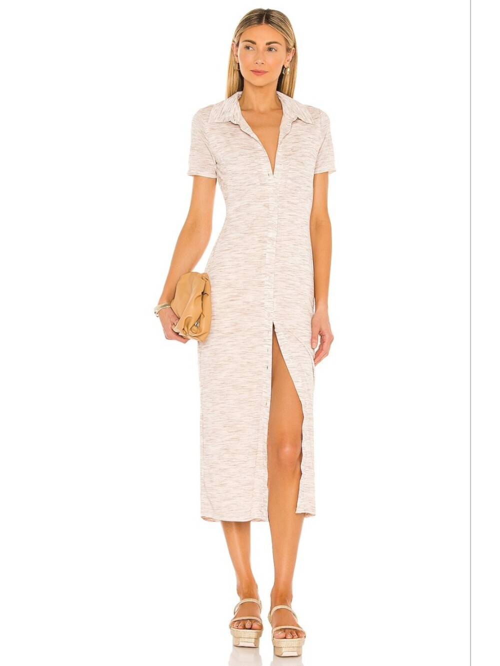 Lovers & Friends Kayce Midi Dress, XS, Color Marled Natural Short Sleeve Bodycon